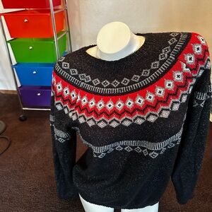Weatherproof Black Sweater with Red and Gray Patterns